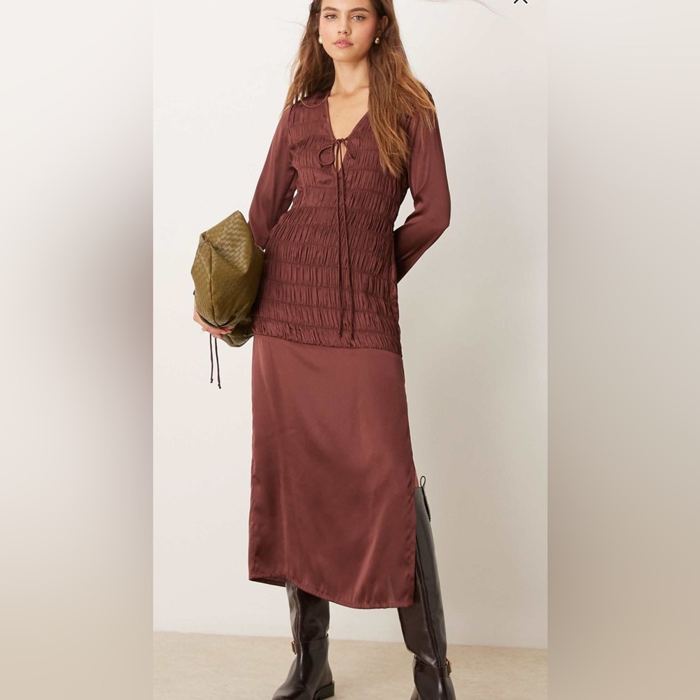 Ruched satin midi dress with tie front detail in chocolate brown